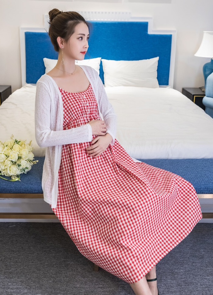 ชุดคลุมท้องเดรสสายเดี่ยวพร้อมเสื้อคลุม ชุดยาวน่ารัก ลายสวยM L XL XXL