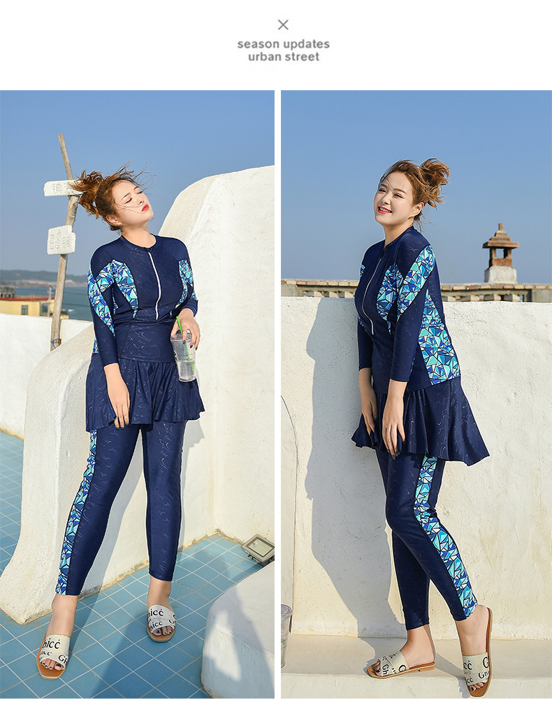 ชุดว่ายน้ำแบบสปอร์ตคนอ้วน 6xlพร้อมส่ง :ชุดว่ายน้ำไซส์ใหญ่แขนขายาวซิปหน้าสีน้ำเงินแต่งลายกราฟฟิกสีฟ้า มีเสื้อแขนยาวซิปหน้าและกางเกงขายาวแต่งกระโปรงระบาย น่ารักมากๆจ้า:รอบอก42-52นิ้ว เอว40-50นิ้ว สะโพก42-56นิ้ว