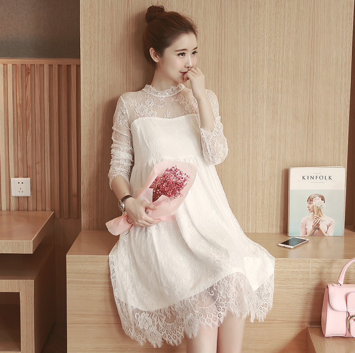 ชุดคลุมท้องเดรสลูกไม้ ช่วงบนและแขนซีทรู ซับในอย่างดี ชุดสวยมาก M L XL XXL