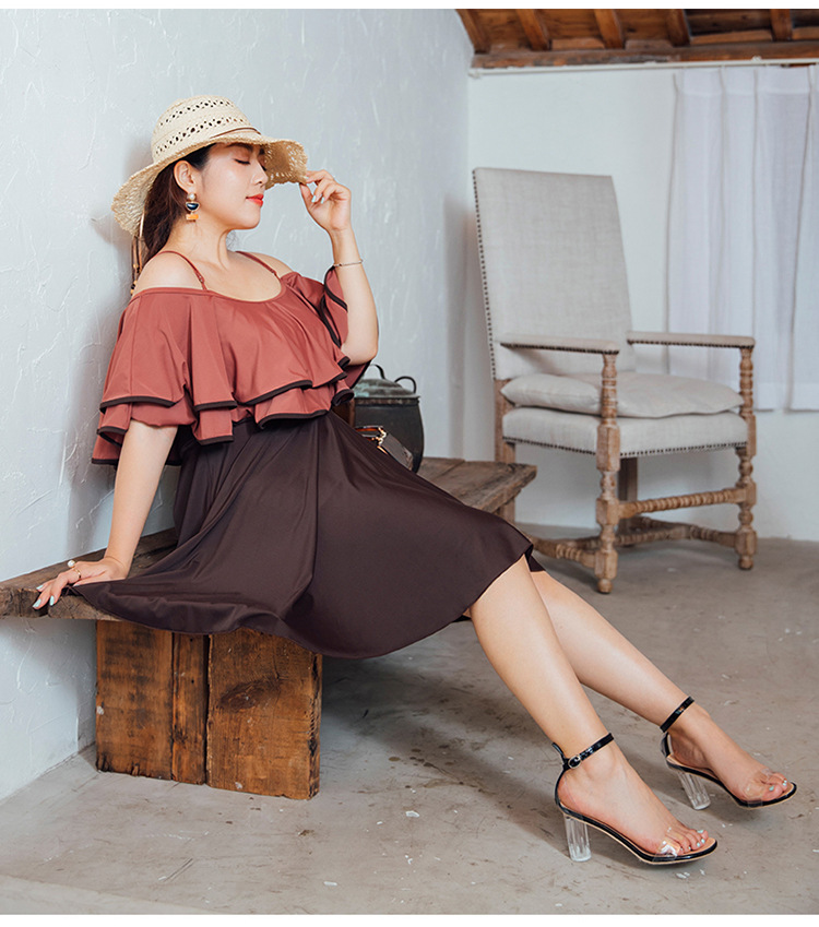 ชุดว่ายน้ำคนอ้วน 5xl ชุดเที่ยวทะเลพร้อมส่ง :ชุดว่ายน้ำไซส์ใหญ่แฟชั่นสีน้ำตาลแต่งระบาย มีกางเกงขาสั้นใส่ด้านในแบบสวย น่ารักมากๆจ้า:รอบอก40-48นิ้ว เอว36-46นิ้ว สะโพก40-52นิ้ว