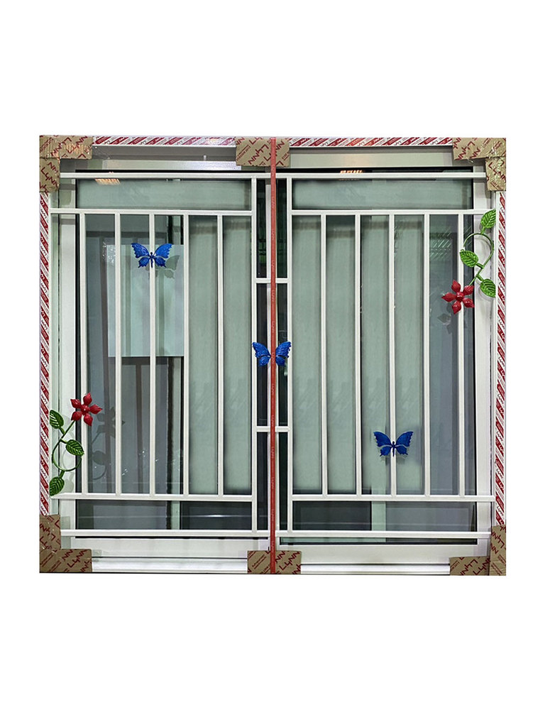 หน้าต่างบานเลื่อนสลับ+มุ้งลวด+เหล็กดัด สีอบขาว #LP-OK-W03-OW 120x110cm. OK-LYNN