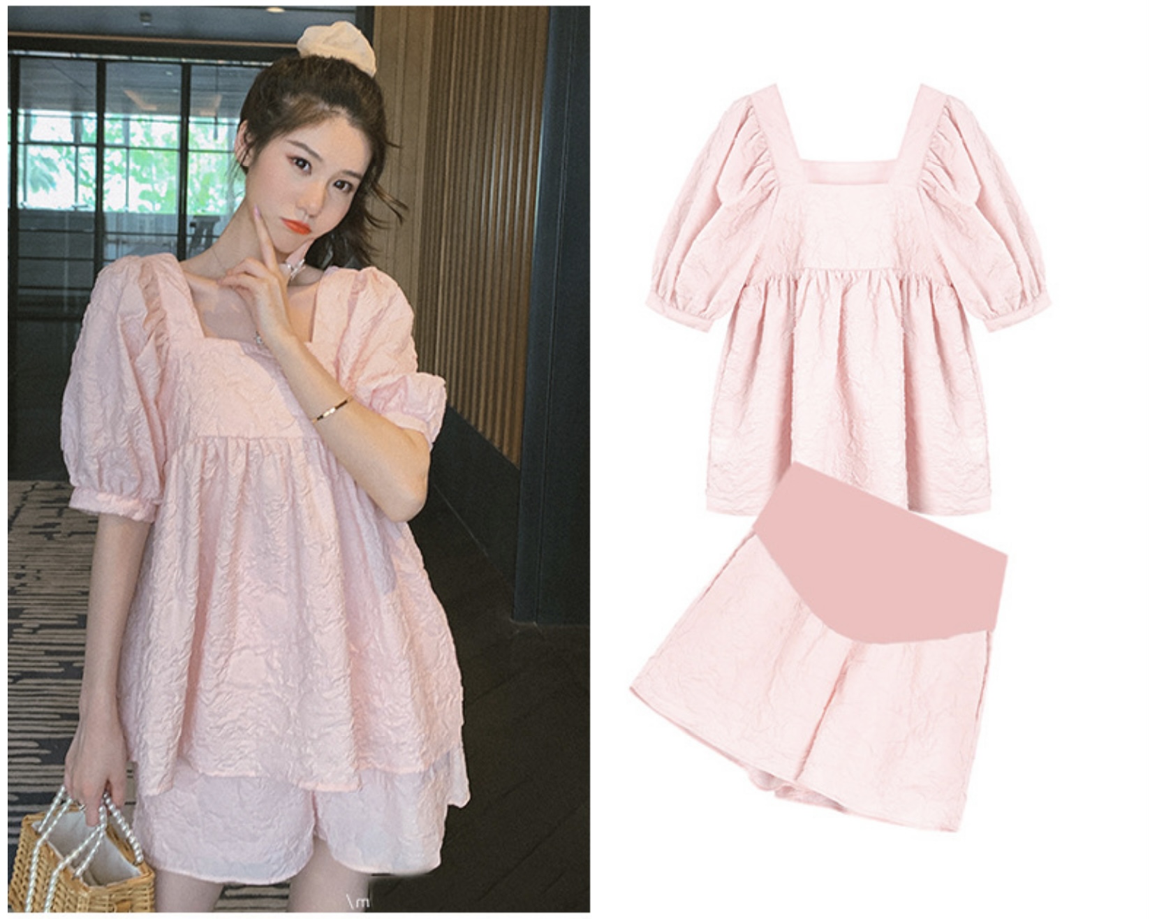 ชุดเสื้อคลุมท้อง+กางเกงขาสั้น สไตล์เกาหลี แขนตุ๊กตา ผ้าย่นนูน น่ารักมากๆ กางเกงปรับไซส์ได้ มีกระเป๋าข้าง M,L,XL,XXL