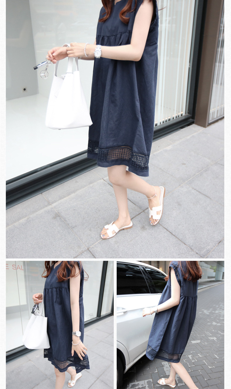 เดรสคนท้อง ผ้าฝ้ายใส่สบายๆ ทรงน่ารัก ต่อด้วยลูกไม้เล็กๆ สีน้ำงิน M,L,XL,XXL