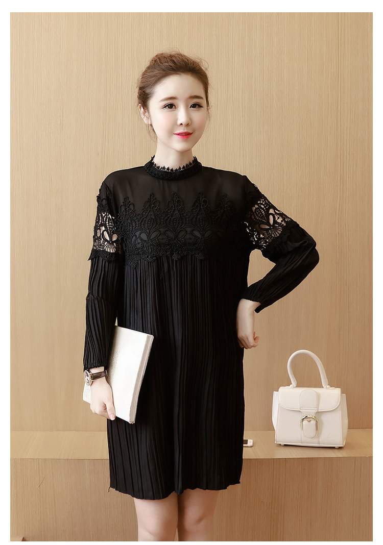 เดรสคลุมท้อง ลูกไม้ดำ แขนยาว ด้านบนซีทรู M,L,XL,XXL