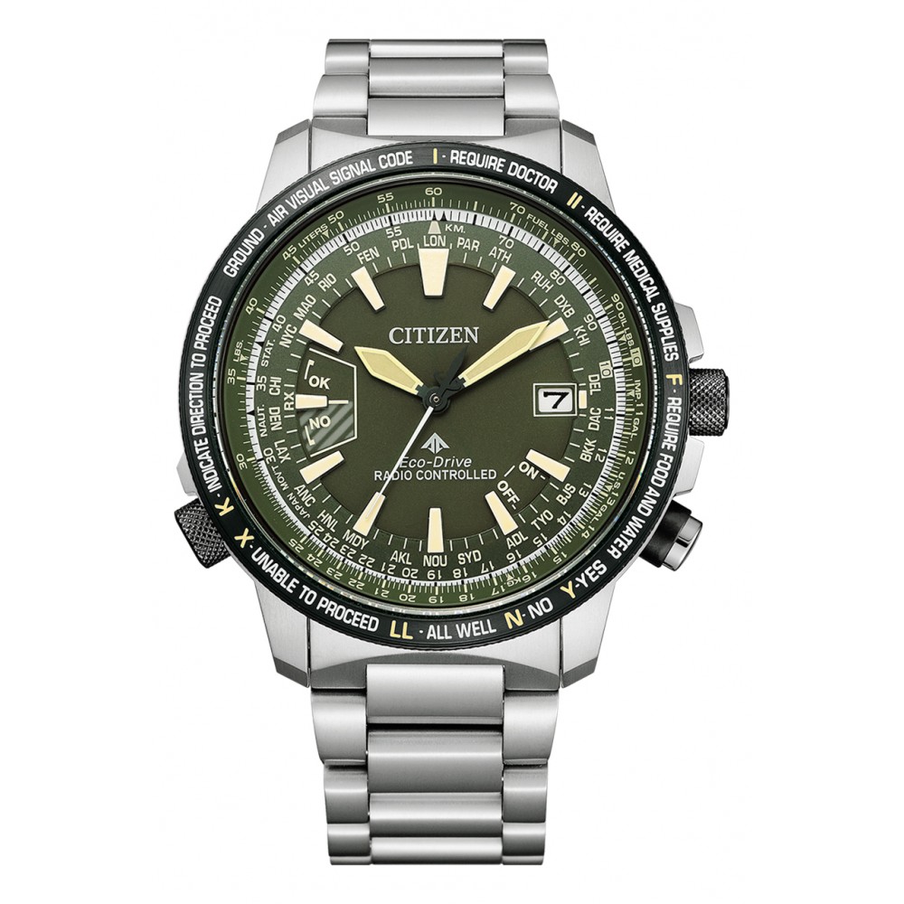 Citizen CB0206-86X นาฬิกาผู้ชาย Eco-Drive Promaster Sky Radio Controlled Super Titanium Perpetual Calendar World Time Pilot Men's Watch