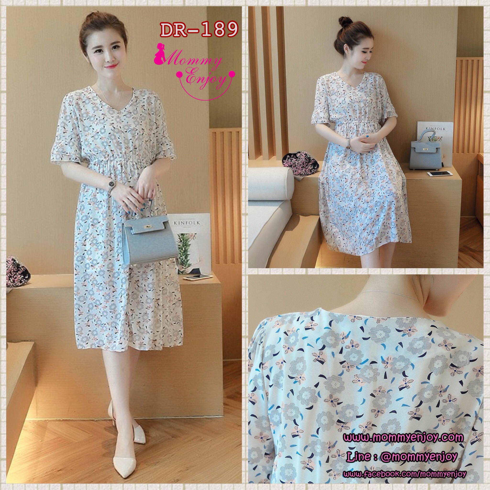 ชุดคลุมท้อง ทรงสวย ลายดอกไม้ ผ้าชีฟอง รอบท้องยืดตัว M,L,XL