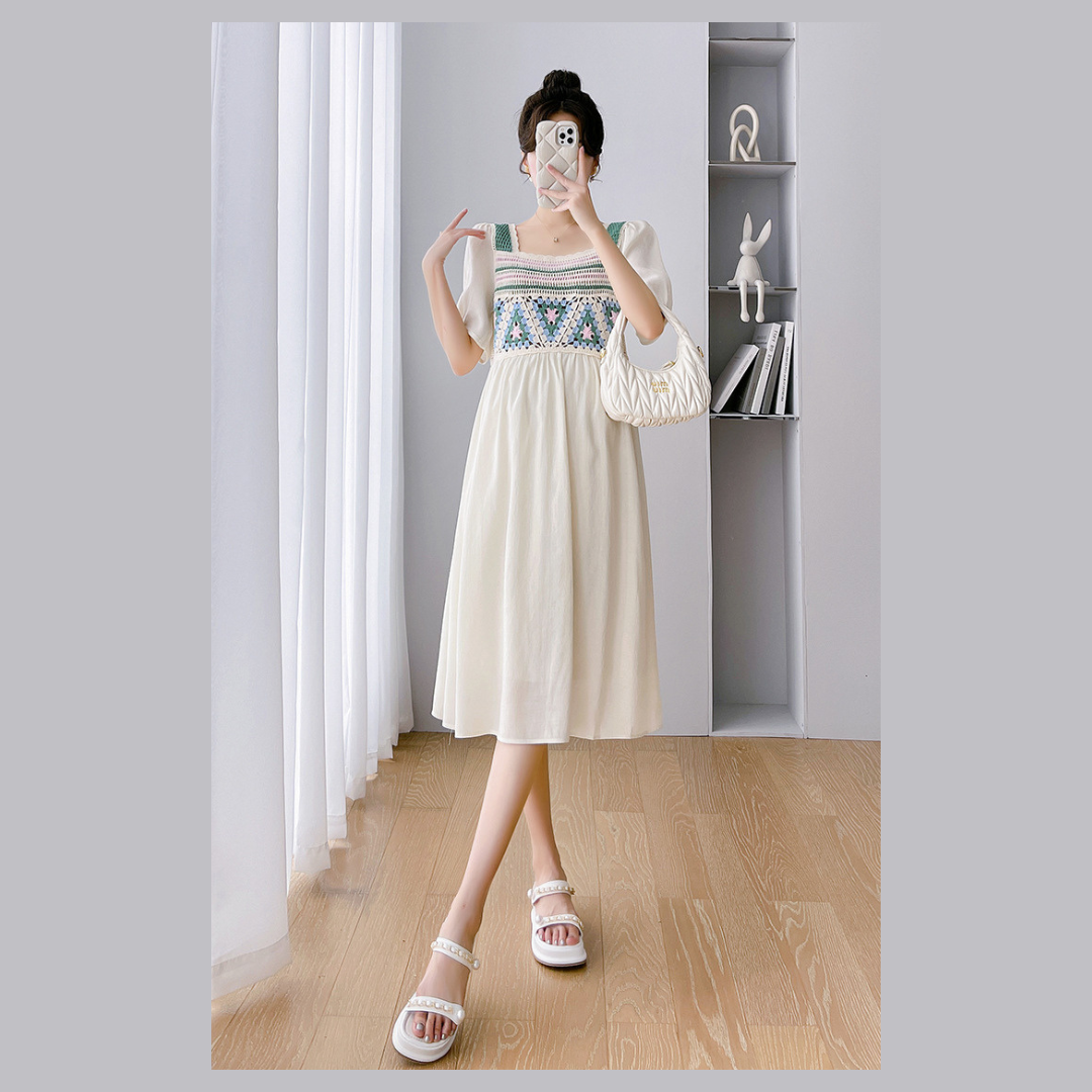 ชุดคลุมท้องแฟชั่นเกาหลี ช่วงอกไหมพรมโครเชต์ ลายน่ารัก ช่วงอื่นเป็นผ้าชีฟอง เบาสบายใส่แล้วไม่ร้อน มีซับใน M L XL XXL