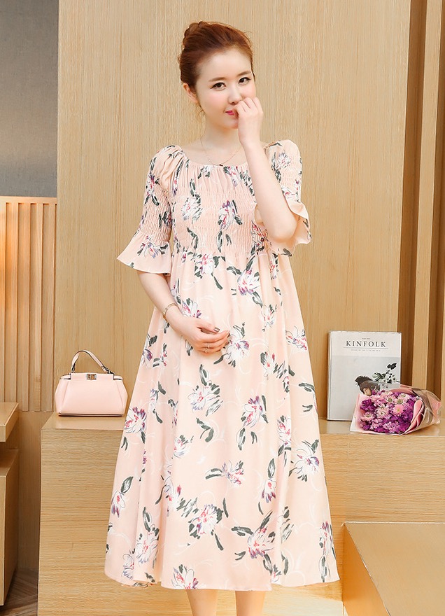 ชุดคลุมท้องเกาหลี เปิดไหล่ก็ได้ แขน3ส่วน ปลายแขนระบาย M,L,XL,XXL