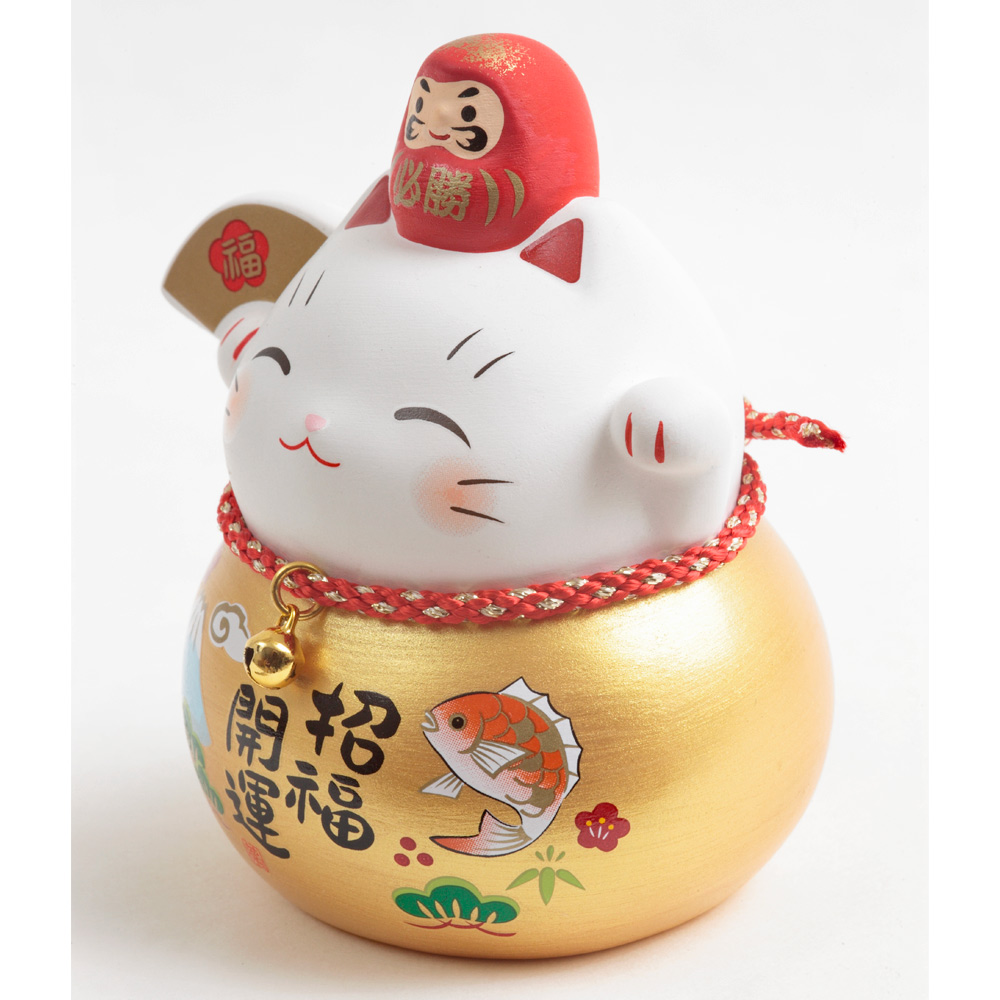 [พร้อมส่ง] แมวกวักญี่ปุ่น แมวสีขาว ตัวสีทอง ดารุมะสีแดง Size 9 cm แมวกวักนำโชค งานแฮนด์เมดญี่ปุ่น Lucky Cat Japan Handmade นำเข้าจากญี่ปุ่น