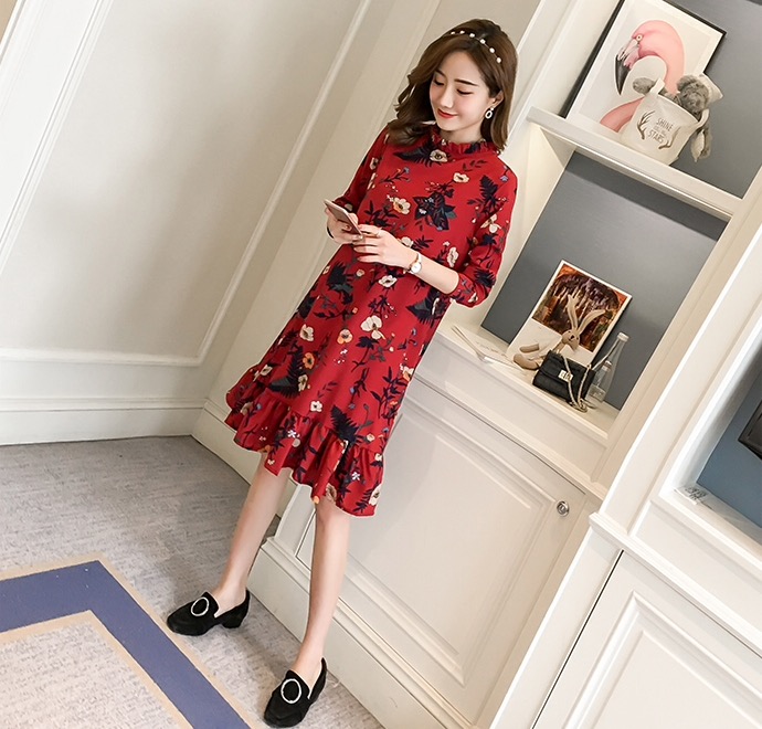 ชุดคลุมท้องแขนยาว ผ้าชีฟอง ลายดอกไม้น่ารัก ทำระบายที่คอและกระโปรง M L XL XXL