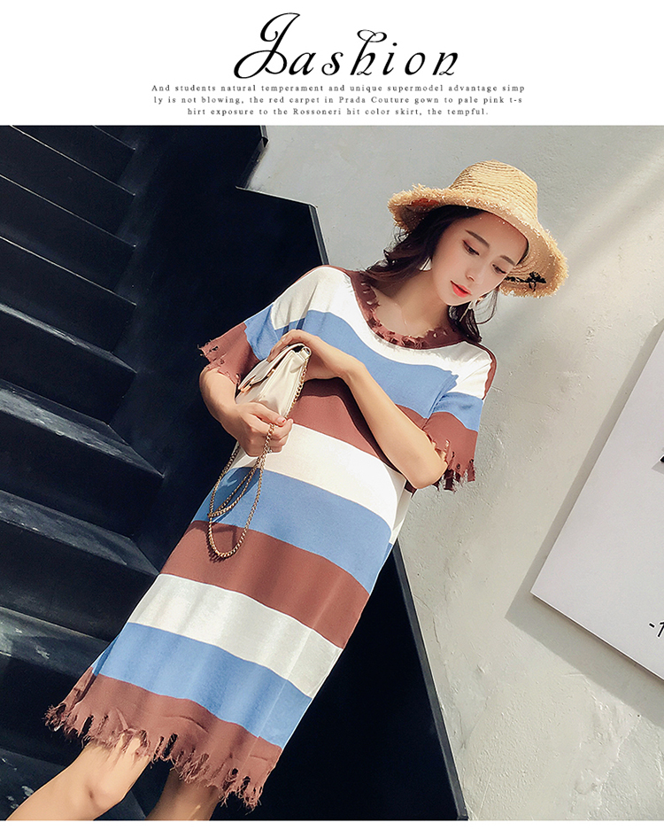 เดรสคนท้องแฟชั่น ผ้ายืดนิ่ม แต่งปลายให้ดูขาด สีสันสดใส ใส่สบาย น้ำตาล