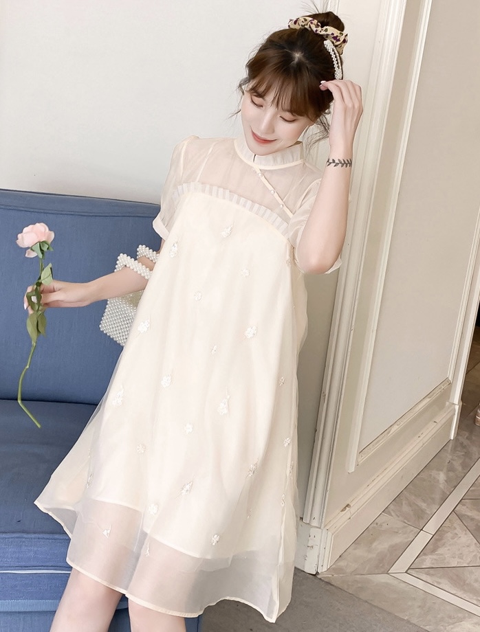 เดรสคลุมท้องแฟชั่นเกาหลี คอจีน ช่วงบนซีทรูแต่งระบาย แขนตุ๊กตา มีซับใน น่ารักเกินร้อย M L XL XXL