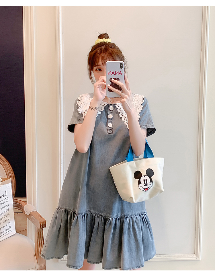 เดรสคลุมท้องแฟชั่น ผ้ายีนส์เนื้อนิ่ม คอปกลูกไม้ฉลุ กระดุมแกะให้นมได้ น่ารักมากค่ะ ใส่ได้ถึงคลอด M L XL XXL