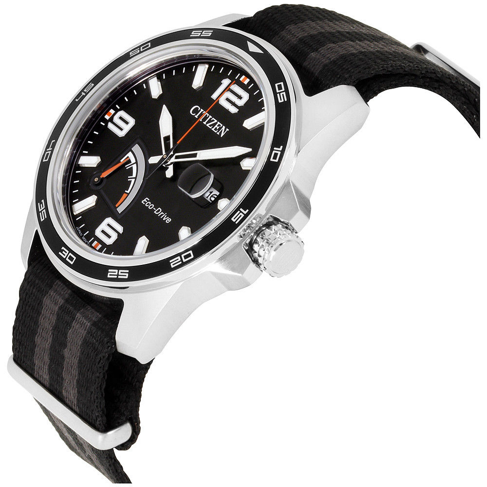 Citizen AW7030-06E นาฬิกาผู้ชาย Eco-Drive PRT Power Reserve Black Dial Nylon Strap Men's Watch