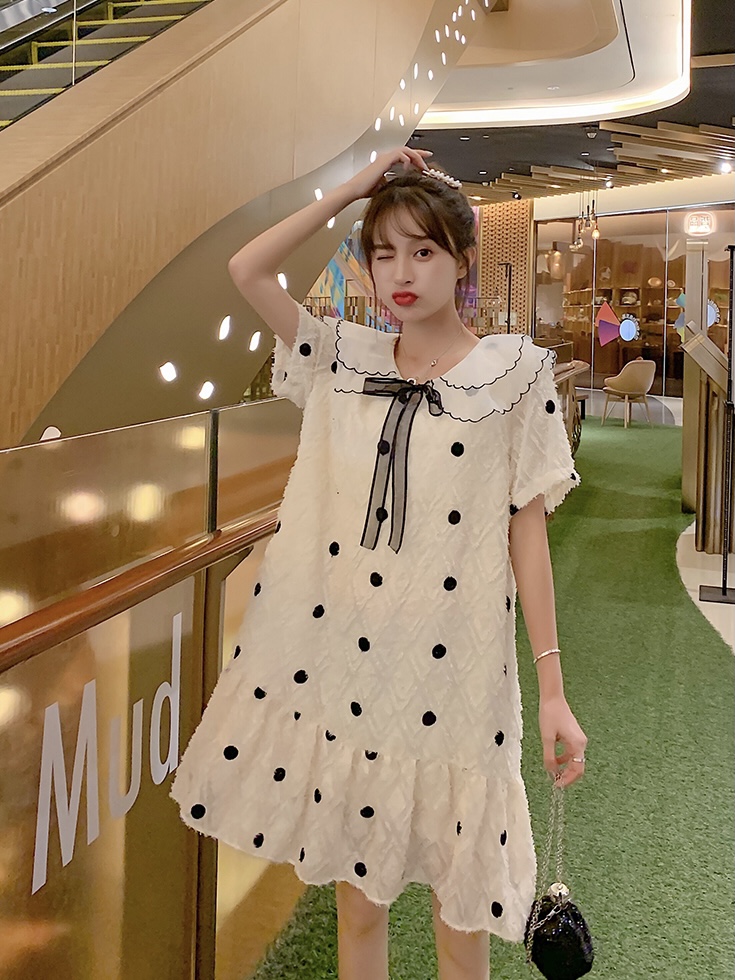 เดรสคลุมท้องแฟชั่นเกาหลี คอปก 2 ชั้น ผ้าตุ๊กตา มีซับใน แต่งด้วยโบว์ ช่วงท้องใส่ได้ถึงคลอด M L XL XXL