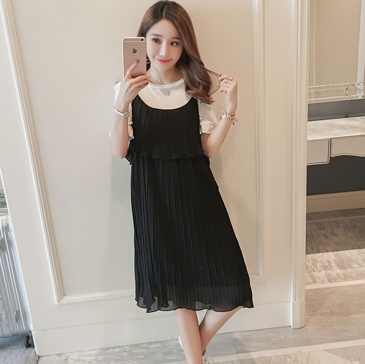 เอี๊ยมกระโปรง+เสื้อ เอี๊ยมคลุมท้องยาว อัดพรีททั้งชุด เป็นระบาย 2ชั้น สวยมากค่ะ M L XL XXL