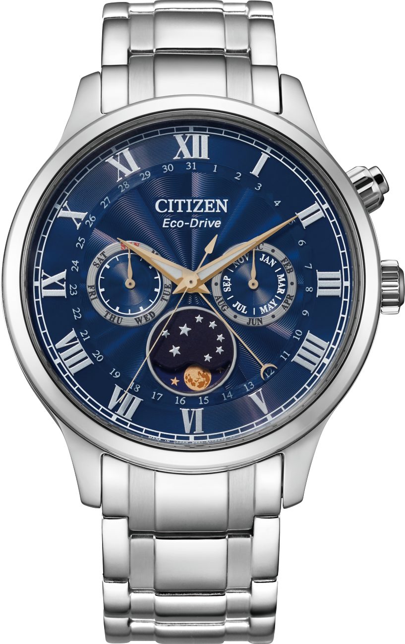 Citizen AP1050-81L นาฬิกาผู้ชาย Eco-Drive Moon Phase Blue Dial Men's Watch