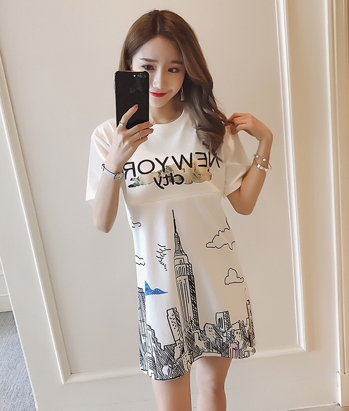 ชุดคลุมท้องเปิดให้นมแฟชั่น ลาย New York เปิดให้นมแนวนอน เปิดได้ยาว M,L,XL