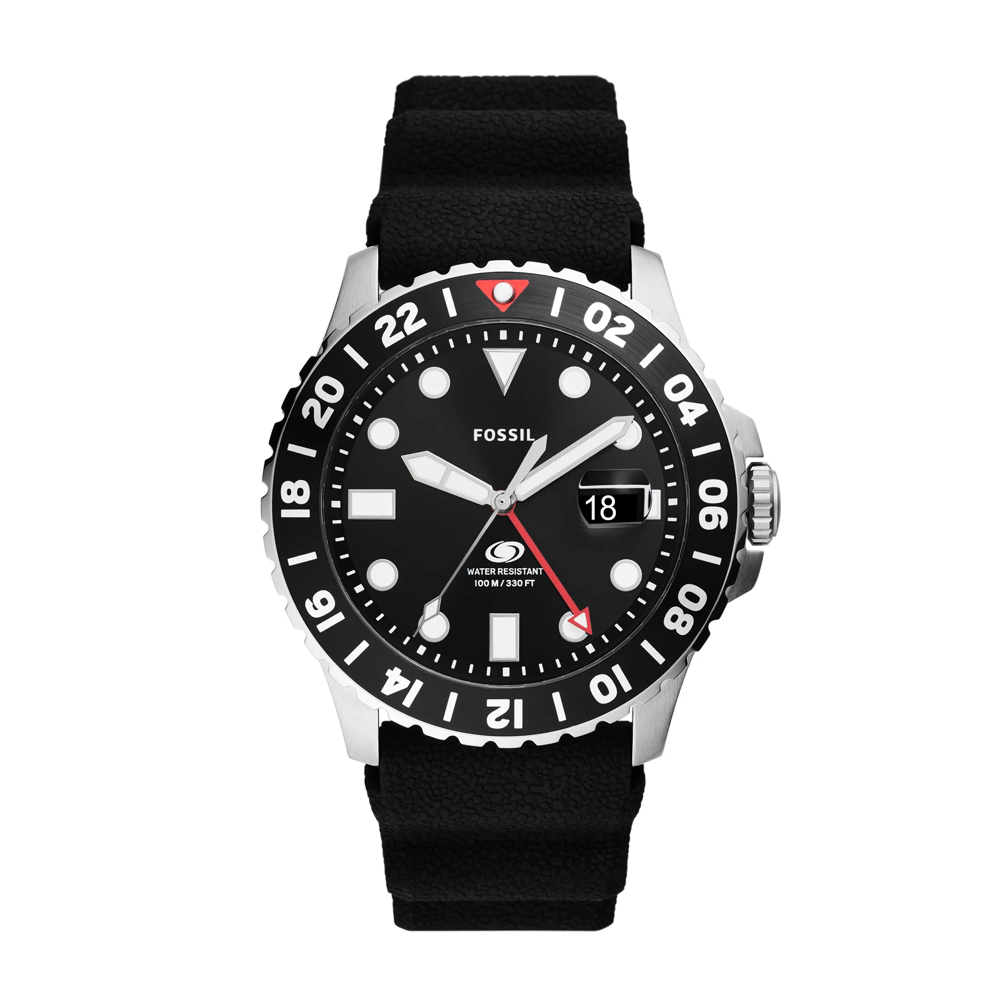 Fossil FS6036 นาฬิกาผู้ชาย GMT Black Silicone Quartz Men's Watch