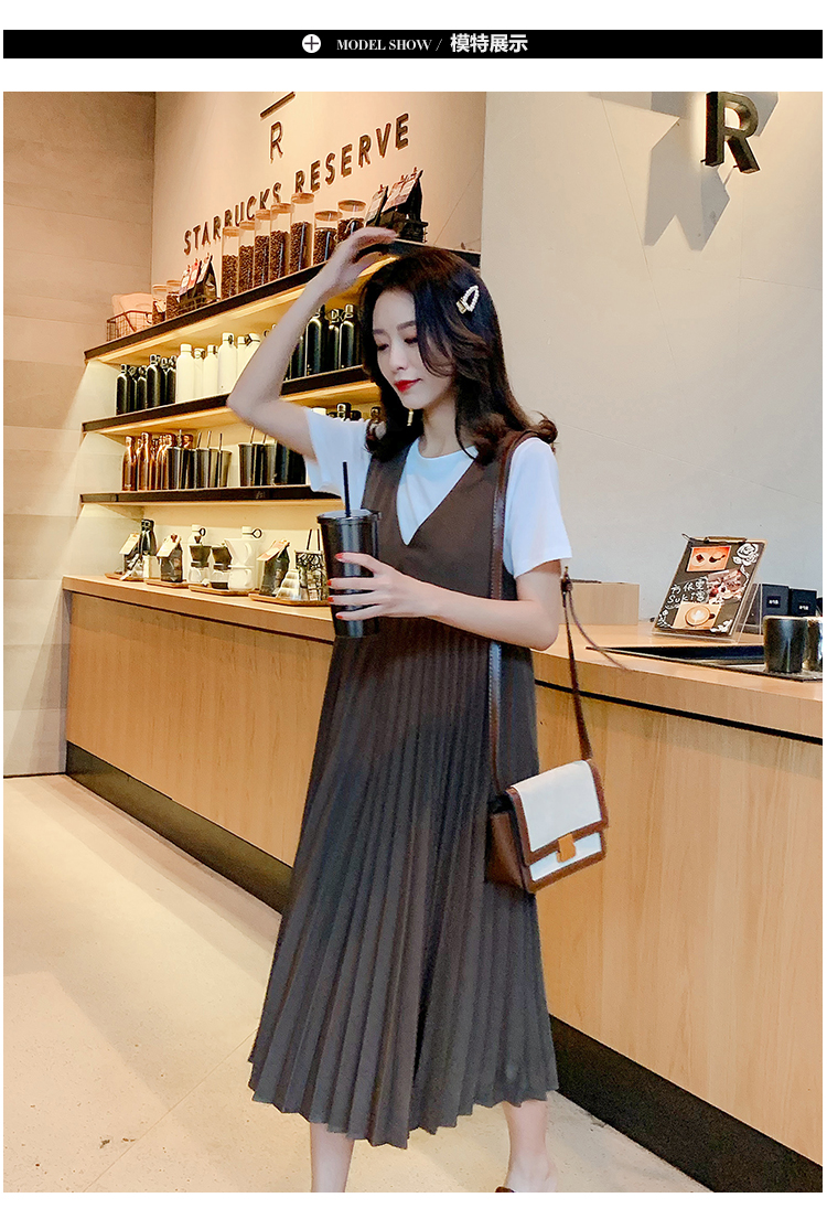 เอี๊ยมกระโปรงคลุมท้องยาว + เสื้อ ผ้ายืดทิ้งตัว ช่วงกระโปรงจีบรอบ M L XL XXL