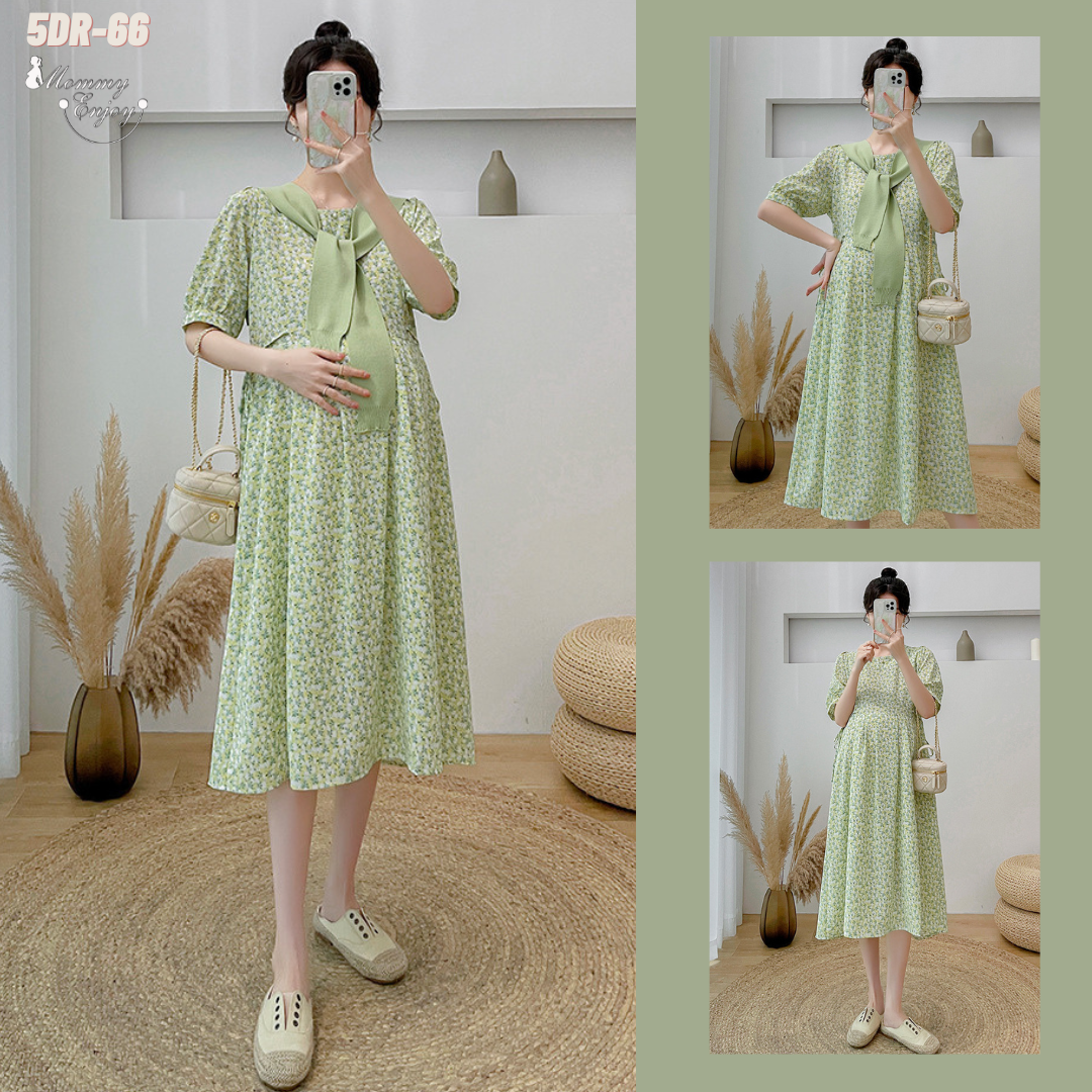เดรสคลุมท้องแฟชั่น ผ้าชีฟอง พิมลาย ดอกไม้น่ารัก มีซับใน มีเชือกผูกปรับขนาดครรภ์ มีผ้าพันคอให้ด้วย M L XL XXL
