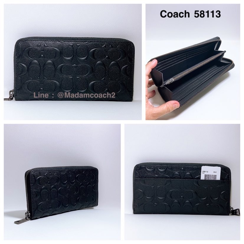 พร้อมส่ง Coach 58113 Embossed Signature Logo Durable Leather Long Wallet Black ของแท้
