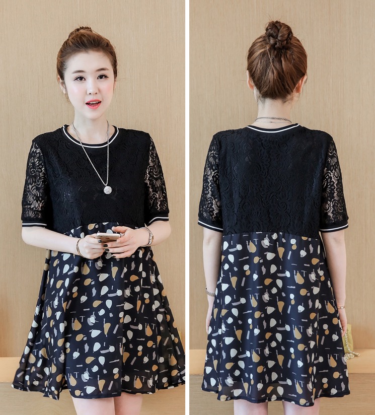 ชุดคลุมท้องแฟชั่น ด้านบนลูกไม้ ด้านล่างพิมพ์ลายผลไม้ ทรงระบายใส่สบายน่ารักมากมาย M,L,XL,XXL