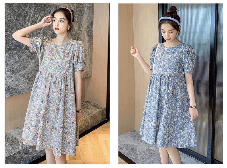 เดรสคลุมท้องแฟชั่นเกาหลี ผ้าฝ้าย ลายดอกวินเทจน่ารัก แขนตุ๊กตา ช่วงท้องระบาย ใส่ได้ถึงคลอด M L XL XXL
