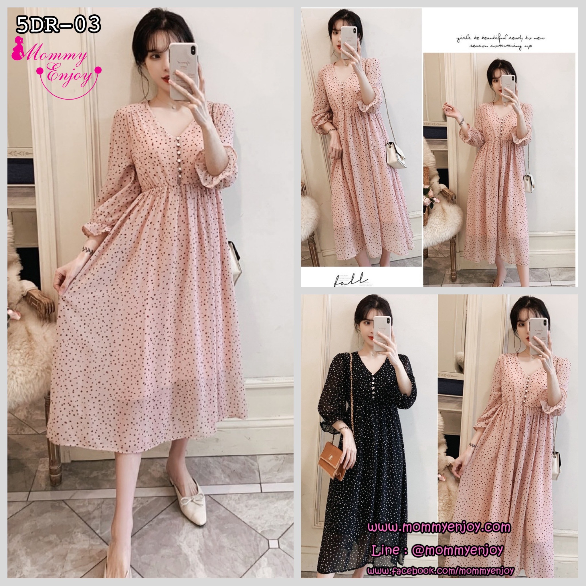 เดรสคลุมท้องแฟชั่น ผ้าชีฟองลายจุด แขน4 ส่วน ทำระบายปลายแขน ผ้านิ่ม มีซับใน ใส่สบายถึงคลอด M L XL XXL
