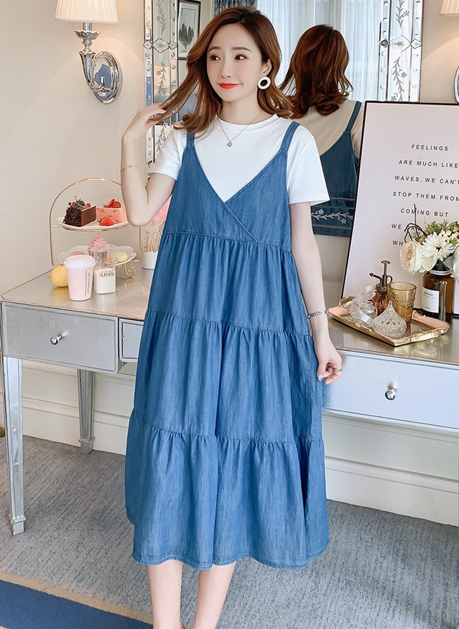 เอี๊ยมกระโปรงคลุมท้องผ้ายีนส์ +เสื้อยืดคอกลม เอี๊ยมยีนส์เนื้อนิ่ม ใส่สบาย ใส่ได้ถึงคลอด M L XL XXL