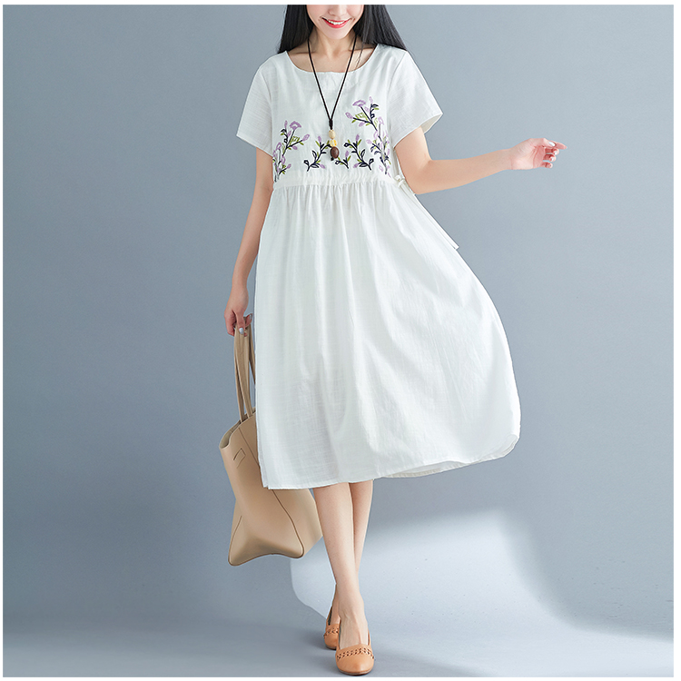 เดรสคนท้องแฟชั่นสไตล์ Retro ผ้าฝ้ายปักลายสวยน่ารัก ปรับขนาดได้ผูกข้าง M L XL,XXL