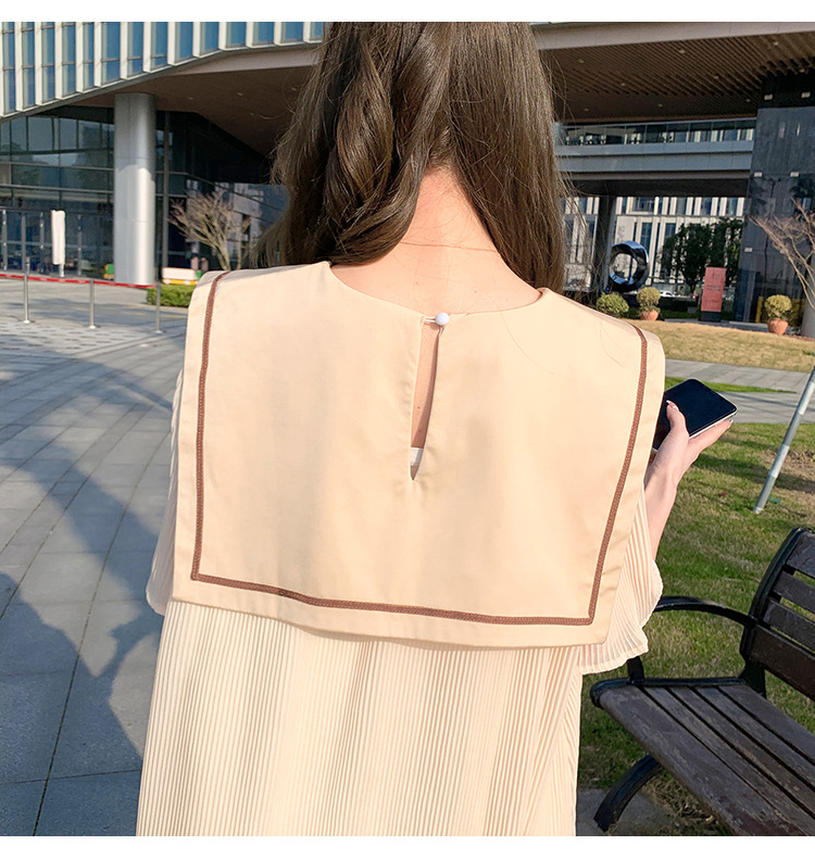 เดรสคลุมท้องแฟชั่นเกาหลี ปกกะลาสีเรือ ผ้าชีฟองอัดพรีท มีซับใน ชุดสวยเนื้อดีมาก M L XL XXL