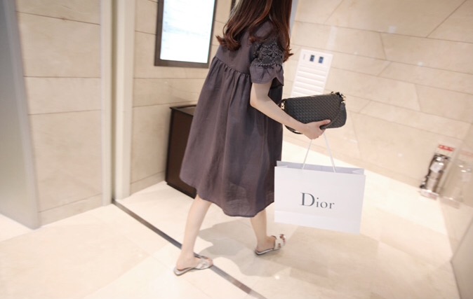 เดรสคลุมท้องสไตล์เกาหลี ผ้าฝ้าย ประดับลูกไม้ช่วงแขนและหน้าอก น่ารักสบายๆ M,L,XL,XXL