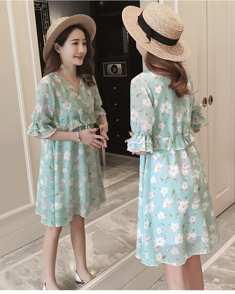 ชุดคลุมท้องแขนระบาย ผ้าชีฟองมีซับใน มีเชือกผูกด้านหน้า น่ารักมากค่ะ M L XL XXL