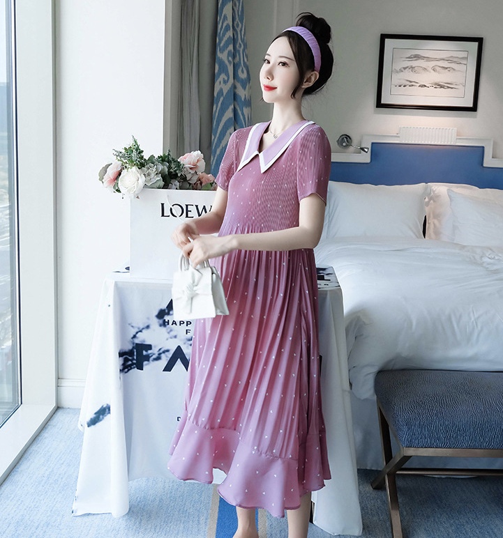 เดรสคลุมท้องแฟชั่น ผ้าชีฟองคอปก อัดพรีท มีซับใน ชุดยาว น่ารัก สีสวย M L XL XXL