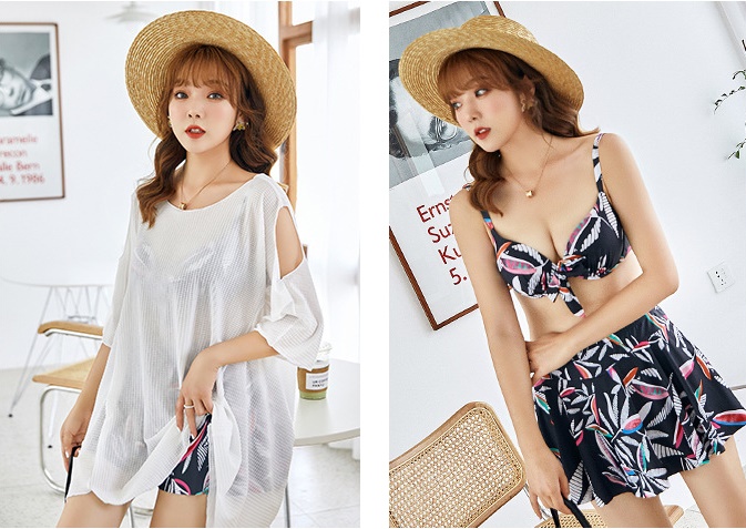 ชุดว่ายน้ำคนอ้วน 5xl พร้อมส่ง :ชุดว่ายน้ำไซส์ใหญ่เที่ยวทะเลสีดำแต่งลายใบไม้ มาพร้อมเสื้อคลุมสีขาวเว้าไหล่แบบเก๋ set 3ชิ้น มีบรา กระโปรงติดกางเกงขาสั้นและเสื้อคลุม แบบสวยน่ารักมากๆจ้า :- รอบอก36 - 46 นิ้ว - เอว 32 - 44 นิ้ว - สะโพก 40 - 50 นิ้ว - เสื้อคลุม