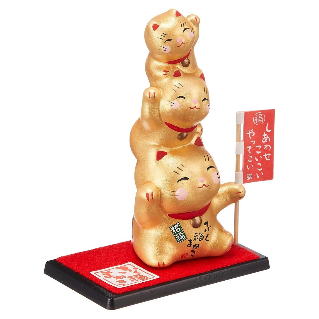 [PRE-ORDER] แมวกวักญี่ปุ่น แมวกวักสีทอง 3 ตัว ขี่คอกัน แมวกวักนำโชค Lucky Cat ManekiNeko Size 10 cm งานแฮนด์เมด นำเข้าจากญี่ปุ่น Beckoning Cat Handmade