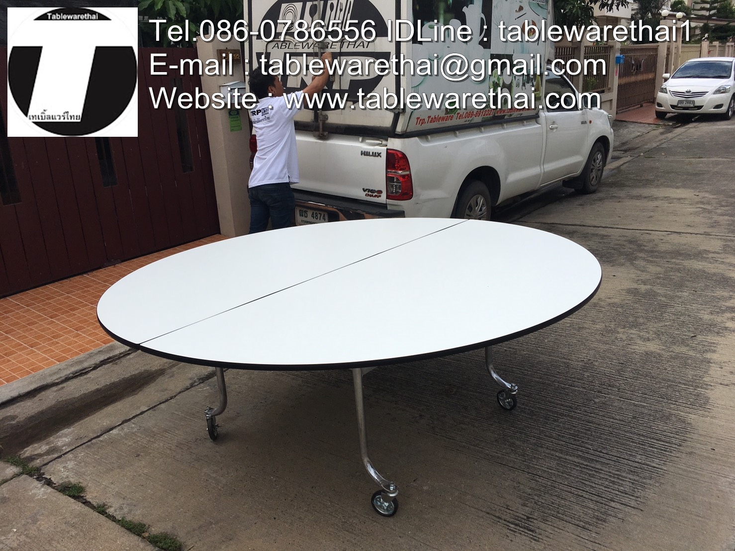 Round Table 圆桌会议 餐桌 中式餐桌 配有旋转镜组 โต๊ะกลม โต๊ะจีน ขนาด 200 cm.นั่ง 14 คน โต๊ะกลม พับครึ่ง มีล้อ,หน้าขาวโฟเมการ์,ขาเหล็กชุปโครเมี่ยม,โต๊ะประชุม,โต๊ะสัมมนาโต๊ะจัดเลี้ยง,โต๊ะโรงแรม Round Table Folding half with wheels Tablechairthai