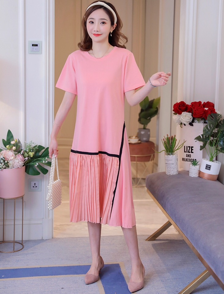 เดรสคลุมท้องแฟชั่น ช่วงบนเป็นผ้ายืดเนื้อนิ่ม ใส่สบาย ช่วงล่างตัดเส้น เป็นชีฟองอัดพรีท M L XL XXL