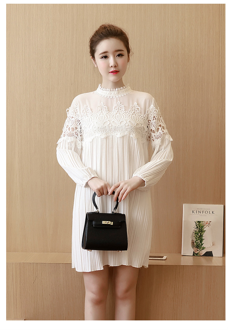 เดรสคลุมท้อง ลูกไม้ขาว แขนยาว ด้านบนซีทรู M,L,XL,XXL