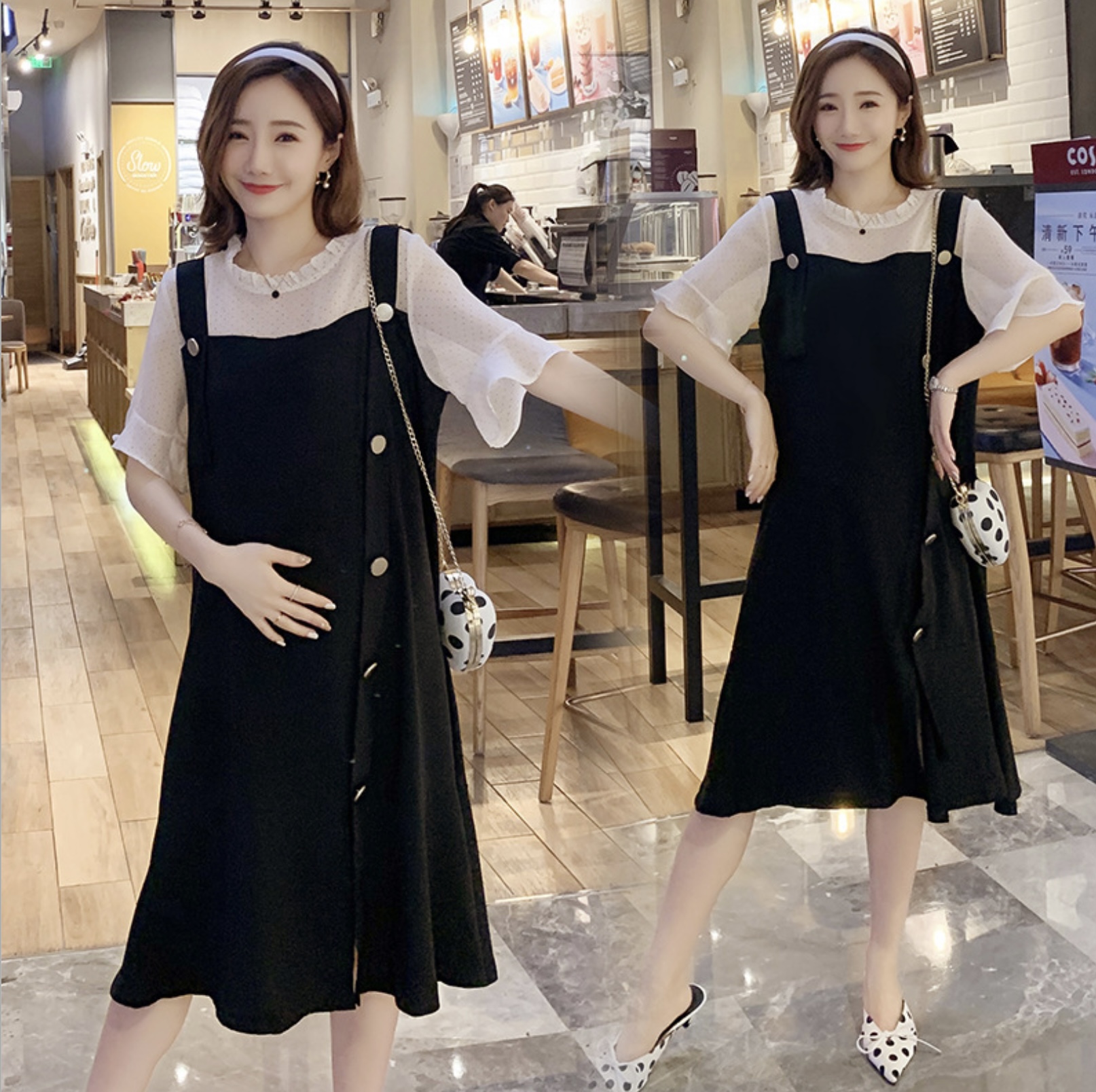 เดรสคลุมท้องแฟชั่น ผ้าชีฟอง เอี๊ยมหลอก ช่วงบนแขนเป็นซีทรู น่ารักเลยค่ะ M L XL XXL