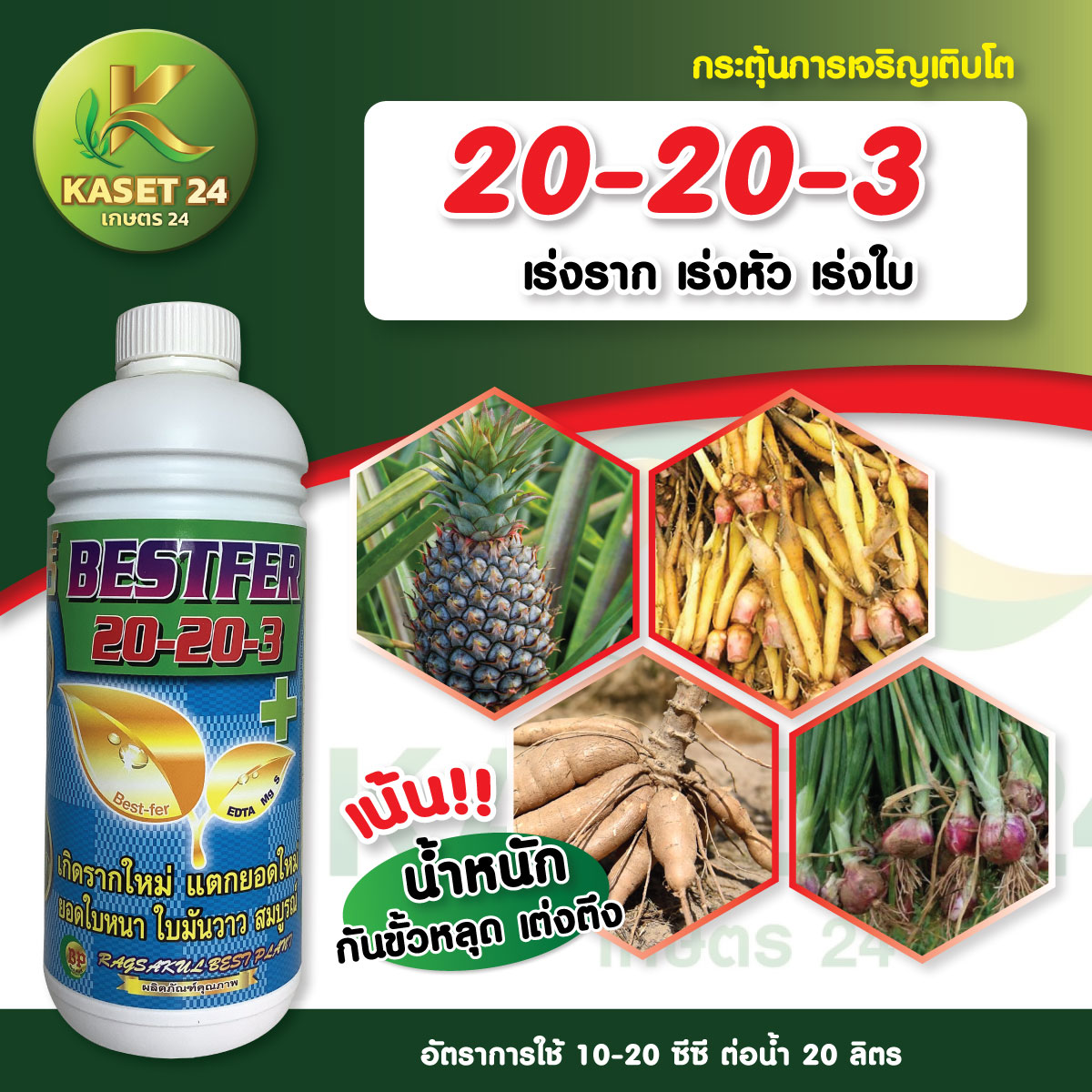 ปุ๋ยน้ำ เบสเฟอร์ สูตรสูง 20-20-3 เร่งการแตกใบอ่อน ขยายใบกระตุ้นการแตกยอด ฟื้นฟูหลังเก็บเกี่ยว เร่งใบใหญ่ ใบหนา (ขนาด 1 ลิตร) ส่งฟรีเก็บเงินปลายทาง (ไม่บวกเพิ่ม)