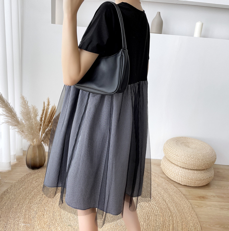 เดรสคลุมท้องแฟชั่นสบายๆ แขนสั้น แต่งด้วยผ้าตาข่ายด้านนอก น่ารัก แบบดูดีมาก M L XL XXL