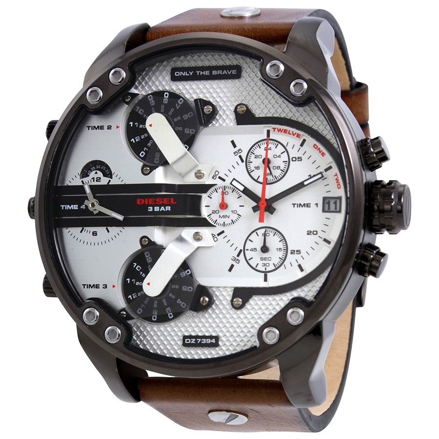 Diesel DZ7394 นาฬิกาผู้ชาย Diesel รุ่น DZ7394, Mr.Daddy 2.0 Chronograph Leather Silver Dial 4 Time Zone Men's Watch