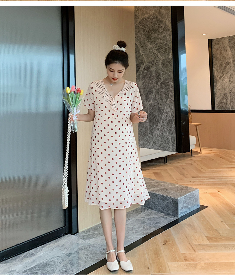 เดรสคลุมท้องแฟชั่น ผ้าชีฟอง ลายจุด มีซับใน ผ้าเนื้อดี ใส่สวย ดีไซน์เก๋ M L XL XXL