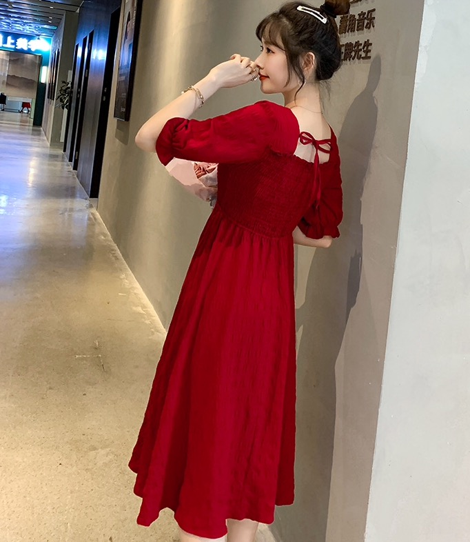 เดรสคลุมท้องแฟชั่น ช่วงอกสม๊อค แขนสั้น เนื้อผ้าทำย่นน่ารัก M L XL XXL