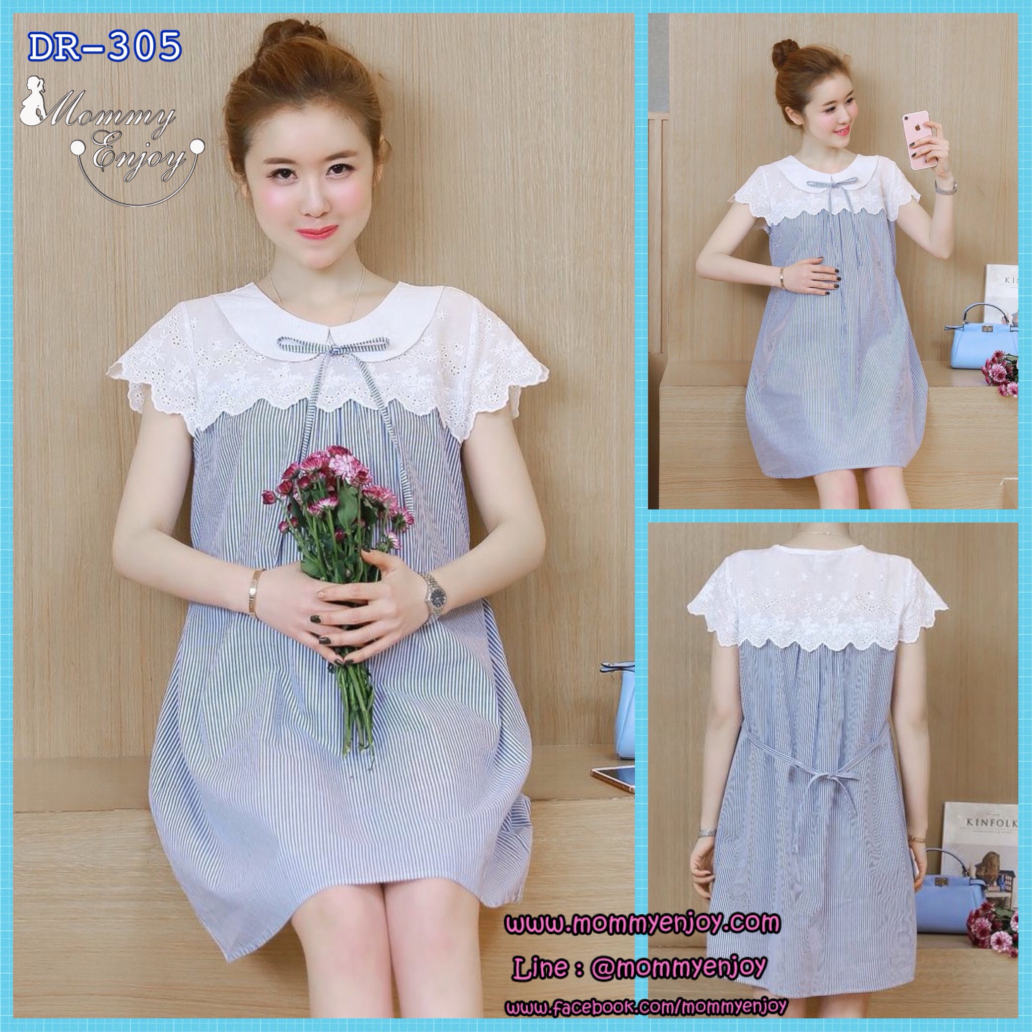 ชุดคลุมท้องทรงน่ารัก ผ้าฝ้าย ช่วงรอบอกประดับด้วยลูกไม้ มีเชือกผูกปรับขนาดครรภ์ด้านหน้า M L XL XXL