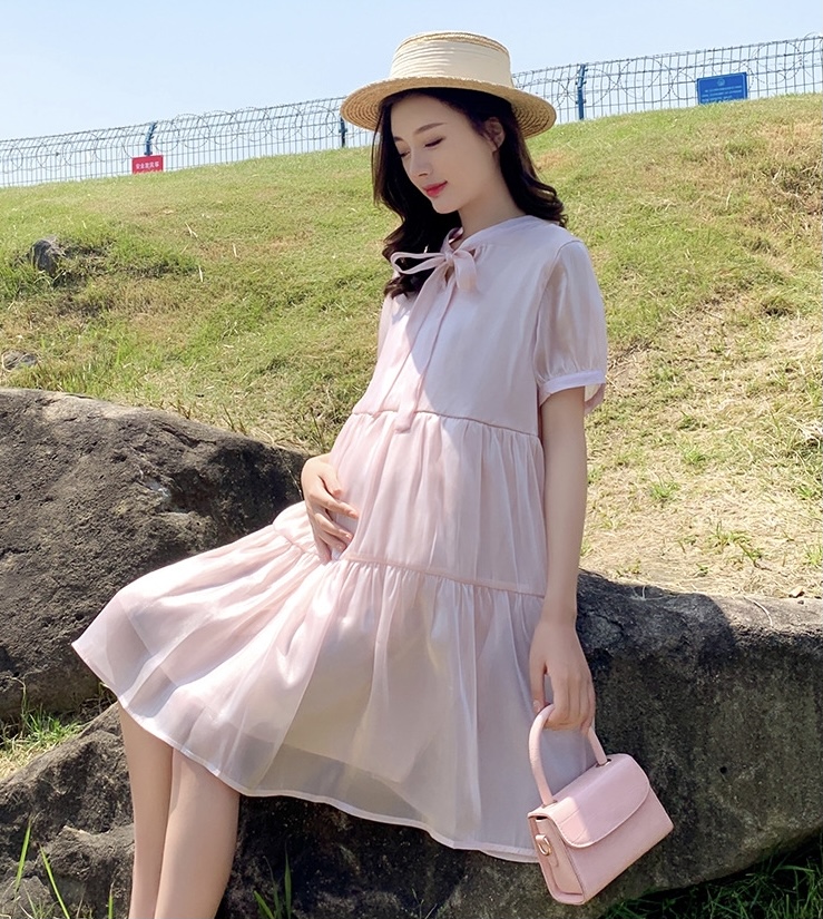 เดรสคลุมท้องแฟชั่นเกาหลี ผ้าไหมแก้ว เนื้อละเอียด มีซับใน ผูกโบว์ที่คอ M L XL XXL