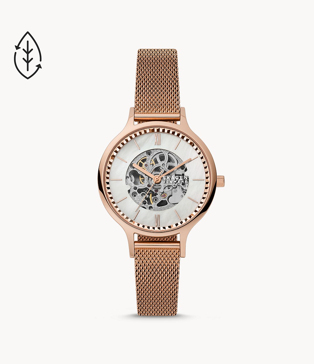 Skagen SKW2960 นาฬิกาผู้หญิง Anita Automatic Rose-Tone Steel Mesh Women's Watch