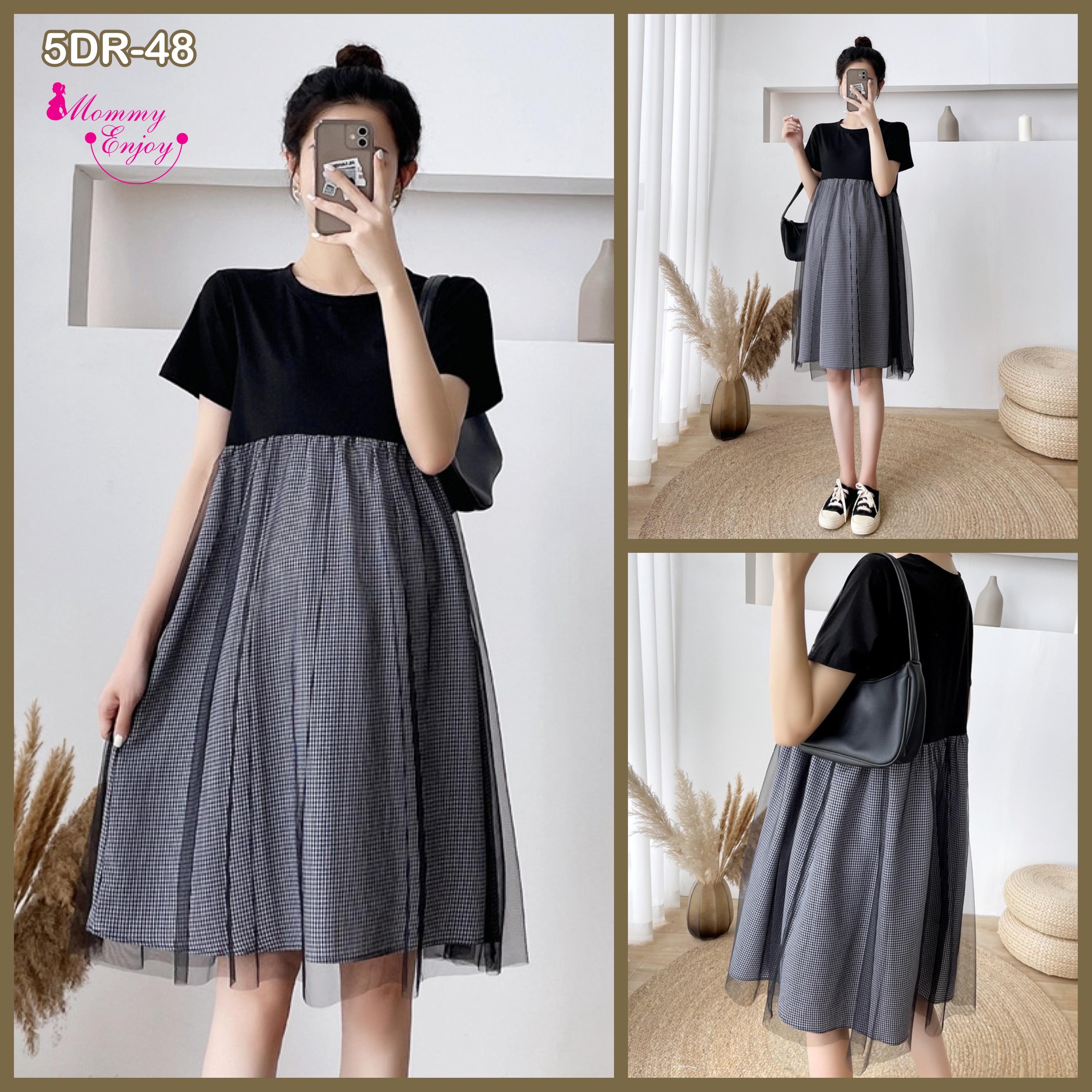 เดรสคลุมท้องแฟชั่นสบายๆ แขนสั้น แต่งด้วยผ้าตาข่ายด้านนอก น่ารัก แบบดูดีมาก M L XL XXL